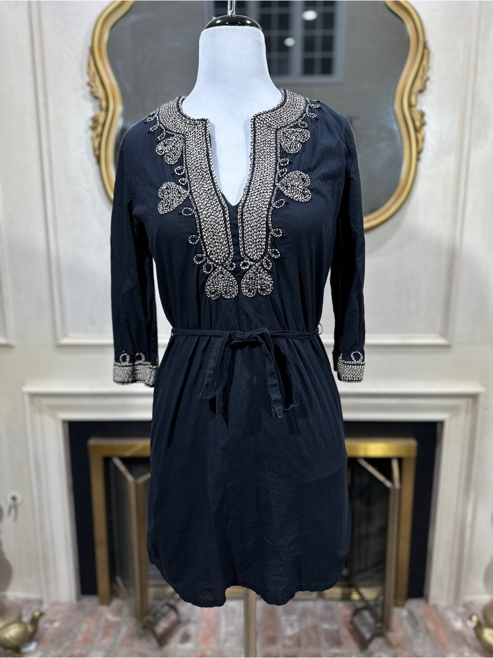 Figue Dress XS Black Embroidered Beaded Tunic Mini Bohemian Resortwear